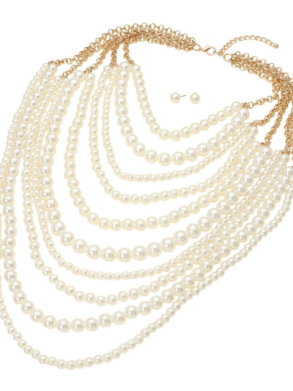 Multi-Layer Pearl Statement Necklace in White with Gold Chains - Picture 3 of 4